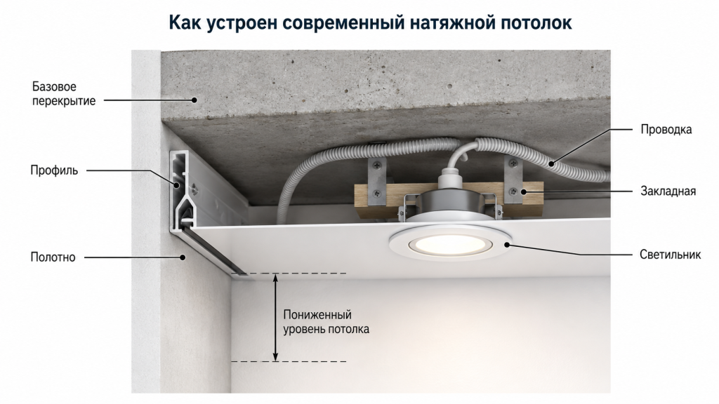 Устройство современного натяжного потолка Схема устройства современного натяжного потолка